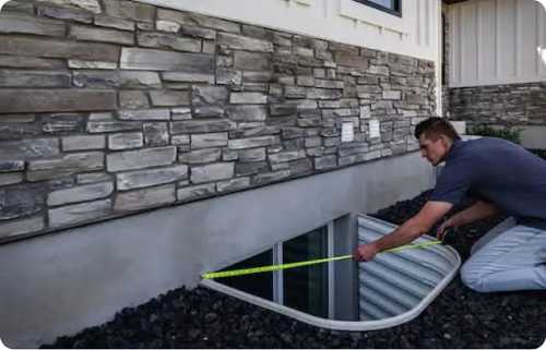 A person measuring a window well cover